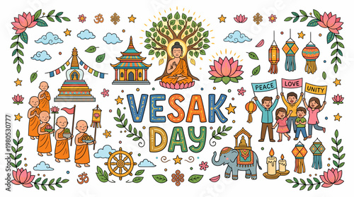 Vesak Day Celebration: Buddha, Monks, Lanterns, Lotus, Peace, Unity