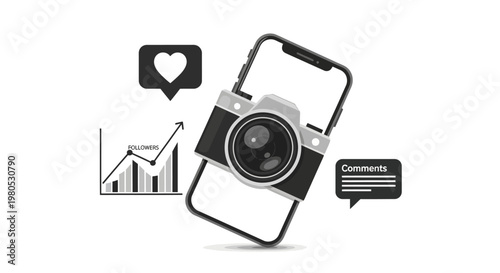 Social Media Marketing Concept: Camera on Phone with Analytics, Likes, and Comments