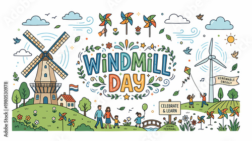 Windmill Day Celebration: Old and New Windmills, People Enjoying Nature