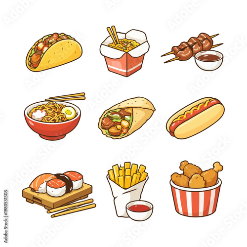 Assorted Fast Food Illustrations Tacos, Noodles, Skewers, Sushi, Hot Dog, Fries, Chicken