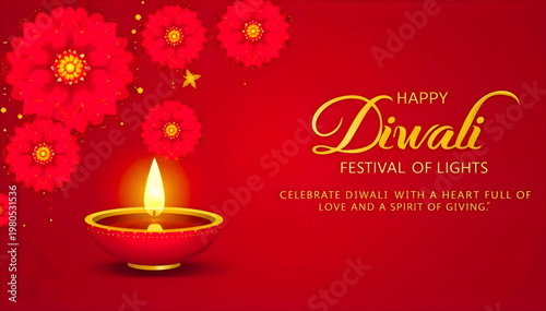 Wallpaper Mural A warm and festive Diwali greeting illustration featuring a glowing oil lamp (diya) radiating light against a rich red background. Surrounded by elegant floral patterns and soft  Torontodigital.ca