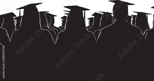 Silhouette of a crowd of graduates wearing caps and gowns with black and white graduates students
