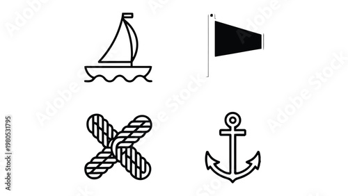 Nautical Emblems: Four minimalist nautical emblems, perfectly representing elements of maritime activity, suitable for various design applications.