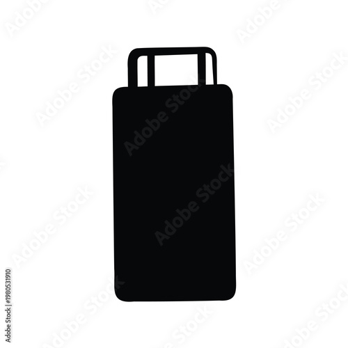 Simple black silhouette of a wheeled suitcase with extended handle up