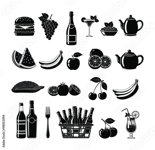 Collection of vector icons depicting food, drinks, and kitchenware items arranged in neat rows
