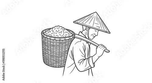 Traditional Asian Farmer with Conical Hat Carrying Harvest Basket Vector Illustration