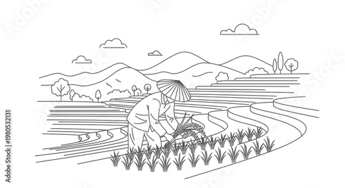 Asian Farmer Working in Traditional Rice Terrace Field Landscape Vector Illustration