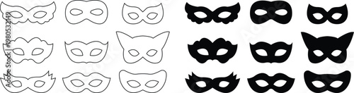 eye mask icon set, vectors of black masquerade mask silhouettes for carnival party, mysterious eye masks set for festival celebration, ideal for security, decorative venetian costume vector elements,