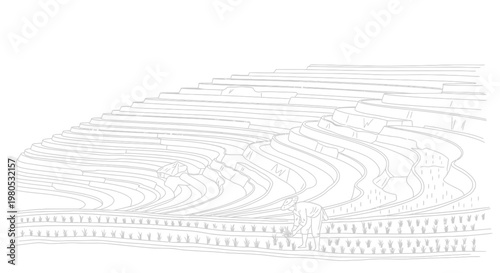 Traditional Asian Rice Terrace Landscape with Farmer Line Art Illustration Vector