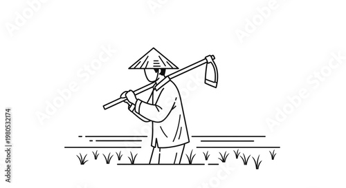 Asian Farmer Wearing Conical Hat Carrying Hoe in Rice Field Minimalist Line Art Illustration