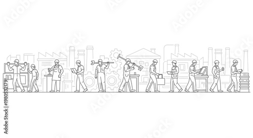 Factory Workers and Industrial Manufacturing Line Art Illustration Vector Design Element