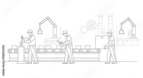 Industrial Manufacturing Process with Factory Workers and Robotic Arms Vector Illustration