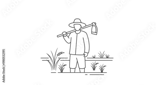 Asian farmer wearing hat holding garden hoe in agricultural field outline vector illustration