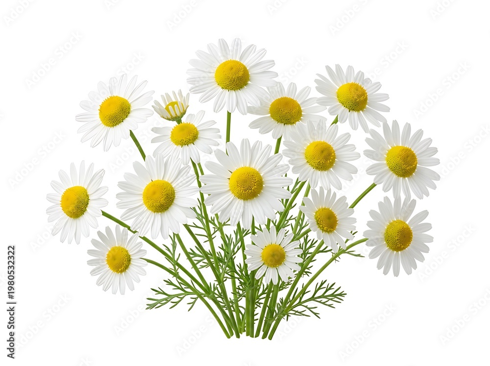 Fototapeta premium Beautiful white daisies with yellow centers and green stems isolated on white background
