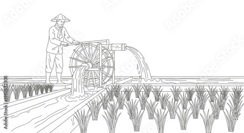 Asian Farmer Operating Traditional Water Wheel Irrigation System in Rice Field Vector Illustration