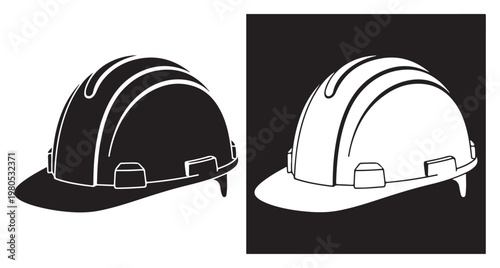 Industrial construction hard hat silhouette set with black and white protective safety helmets equipment.
