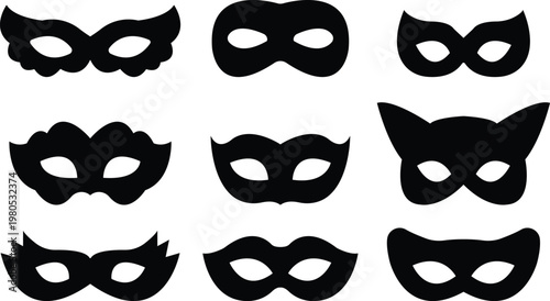 eye mask icon set, vectors of black masquerade mask silhouettes for carnival party, mysterious eye masks set for festival celebration, ideal for security, decorative venetian costume vector elements,
