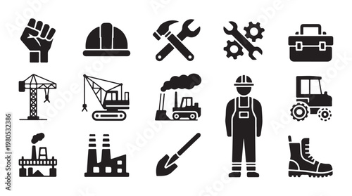 Labor day construction icon set featuring heavy machinery factory building and worker silhouette graphics.