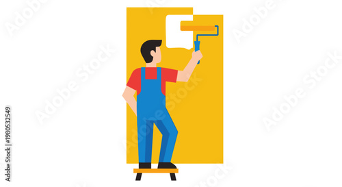 Man painting a wall with roller.