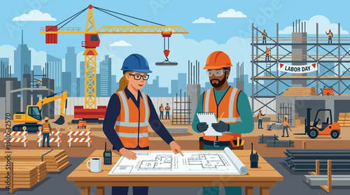 Diverse Construction Team Reviewing Building Blueprints on Site