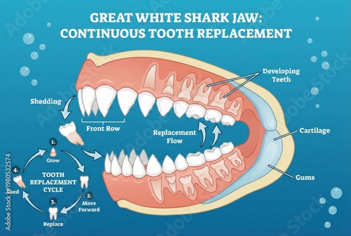 Detailed educational infographic showing great white shark jaw anatomy and continuous tooth replacement cycle