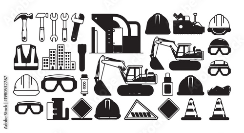 Construction and building industry equipment icons, tools and safety gear on white background.