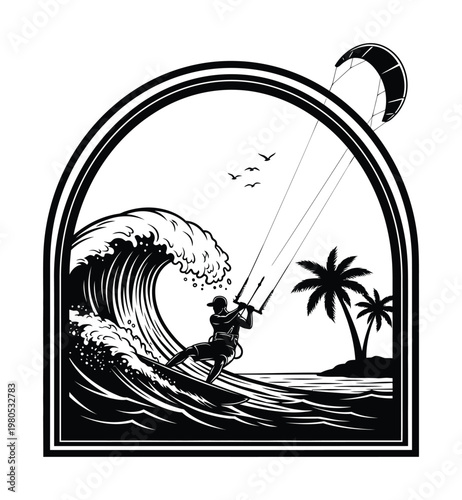 Vector of a kite surfer gliding over a large wave with a parachute