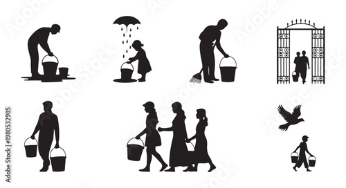 Village people silhouettes collection carrying water buckets and gardening in rural farm landscape setting.