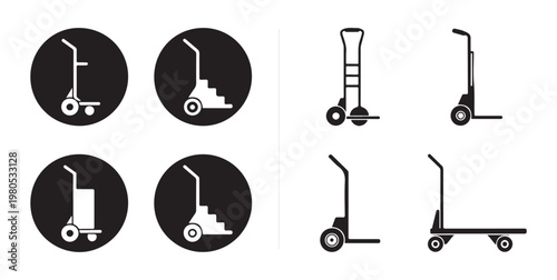 Industrial hand truck icons set including various warehouse trolley designs for heavy cargo transportation.