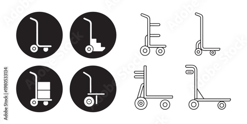 Warehouse dolly icons collection featuring outline and solid styles for logistic transportation equipment.