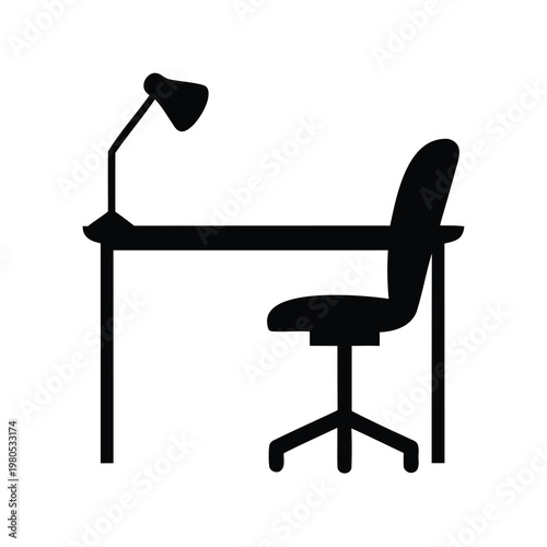 Black Silhouette of a Desk, Chair, and Lamp for Home Office