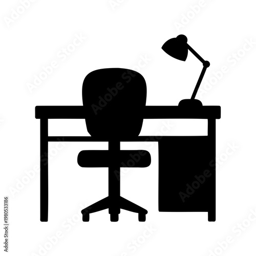 Black silhouette of desk with chair and lamp for workspace or studying