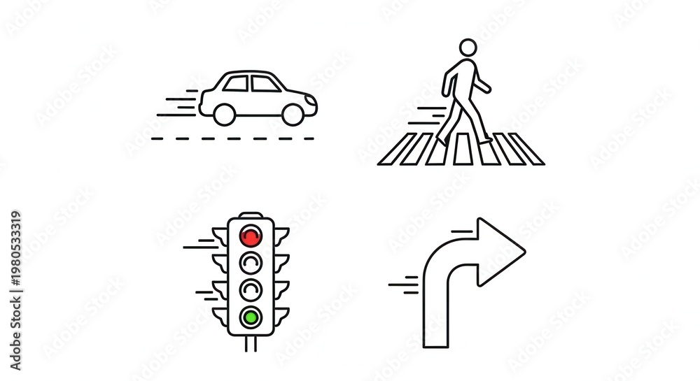 Fototapeta premium Traffic Icons: Car, Pedestrian Crossing, Traffic Light, and Directional Arrow