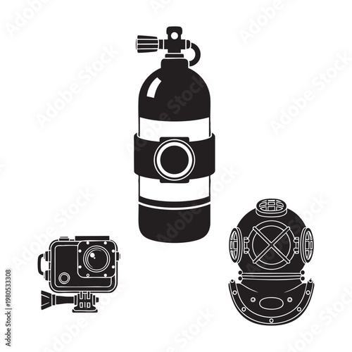 Scuba diving icons with air tank underwater camera and helmet