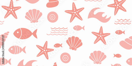 Sea creatures swim in ocean waves with starfish and seashells visible