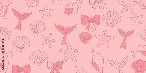 Pastel pink background with various seashells, starfish, and bows illustrations