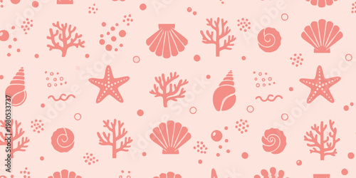 An underwater scene features various coral reefs, seashells, starfish, and seaweed in the ocean.