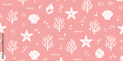 Seashells and starfish float on pink background with seaweed and bubbles