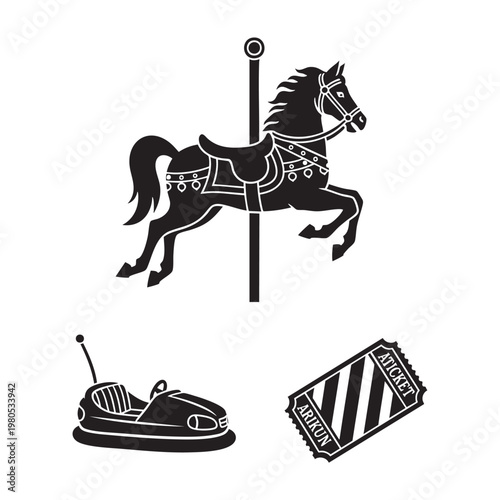 Carnival icons with carousel horse bumper car and ticket stub