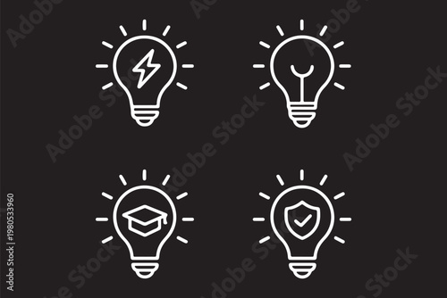 Light bulb icon set showing idea and inspiration concepts. Creative thinking, innovation and solution symbols. Energy and insight pictograms for business concepts, brainstorming and startup visuals.