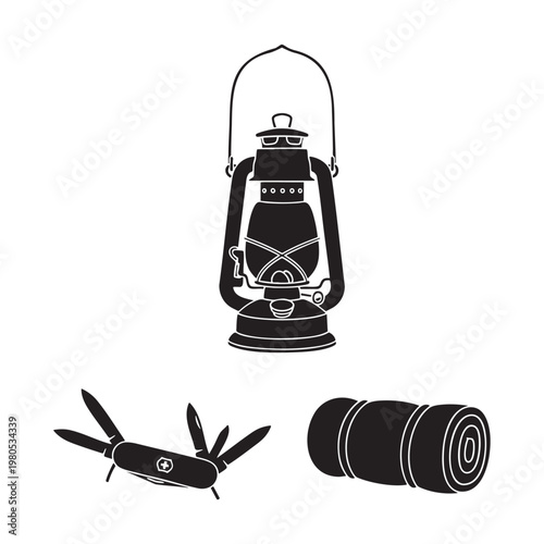 Fotografía Camping tool icons with lantern multi tool and sleeping bag