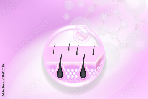 Hyaluronic acid and Niacinamide hair and skin solutions ad. pink collagen serum drop into skin cells with cosmetic advertising background ready to use, illustration vector.