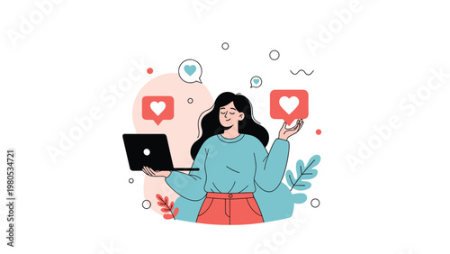 Young woman smiles while holding a laptop and being surrounded by floating like icons and hearts for social media.