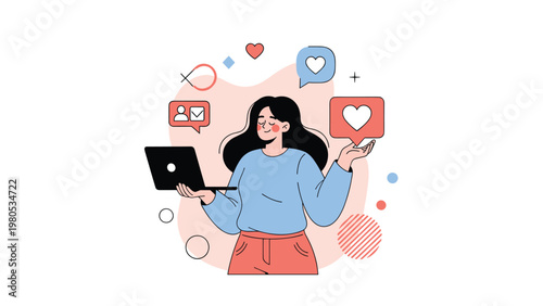 Happy woman holds a laptop and is surrounded by floating social media like and heart icons on a pink background.