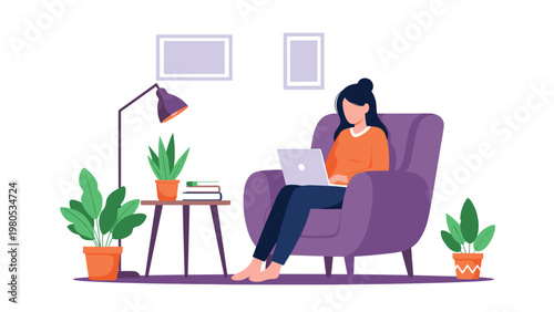 Woman works on her laptop while sitting comfortably in a purple armchair in a cozy room with many houseplants.