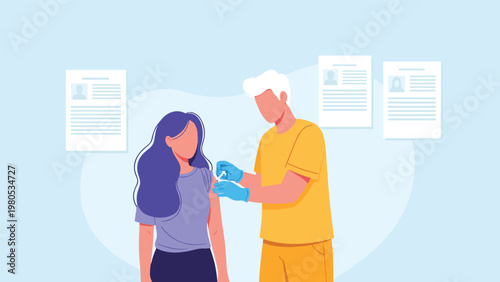 Healthcare worker in a yellow shirt gives an injection to a young woman with long purple hair in a clinic.