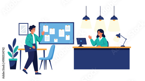 Professional reception area with office assistant at desk and employee arriving for work against white background.