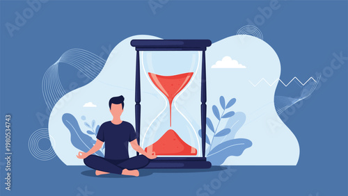 Man meditates in a peaceful lotus position in front of a giant red hourglass representing mindfulness of time.
