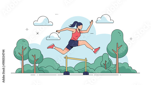 Athletic woman performing hurdle jump exercise in green park environment during outdoor fitness training session.