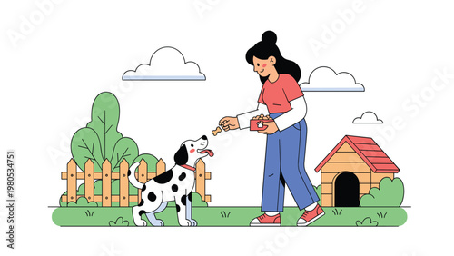 Young woman feeding spotted dalmatian dog in sunny garden with wooden fence and doghouse in flat vector style.